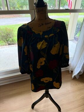 Metro 7 Navy Floral Puff-Sleeve Blouse with Yellow & Burgundy Blooms